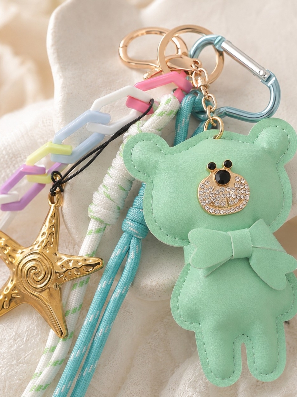 mint green teddy bear bag charm keychain | rhinestone bear purse charm | pastel